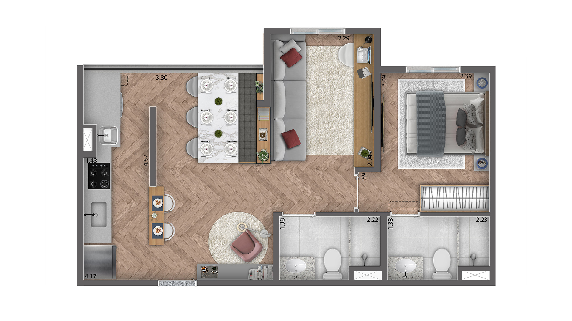 2 dorms. (1 suíte), terraço integrado e 1 vaga