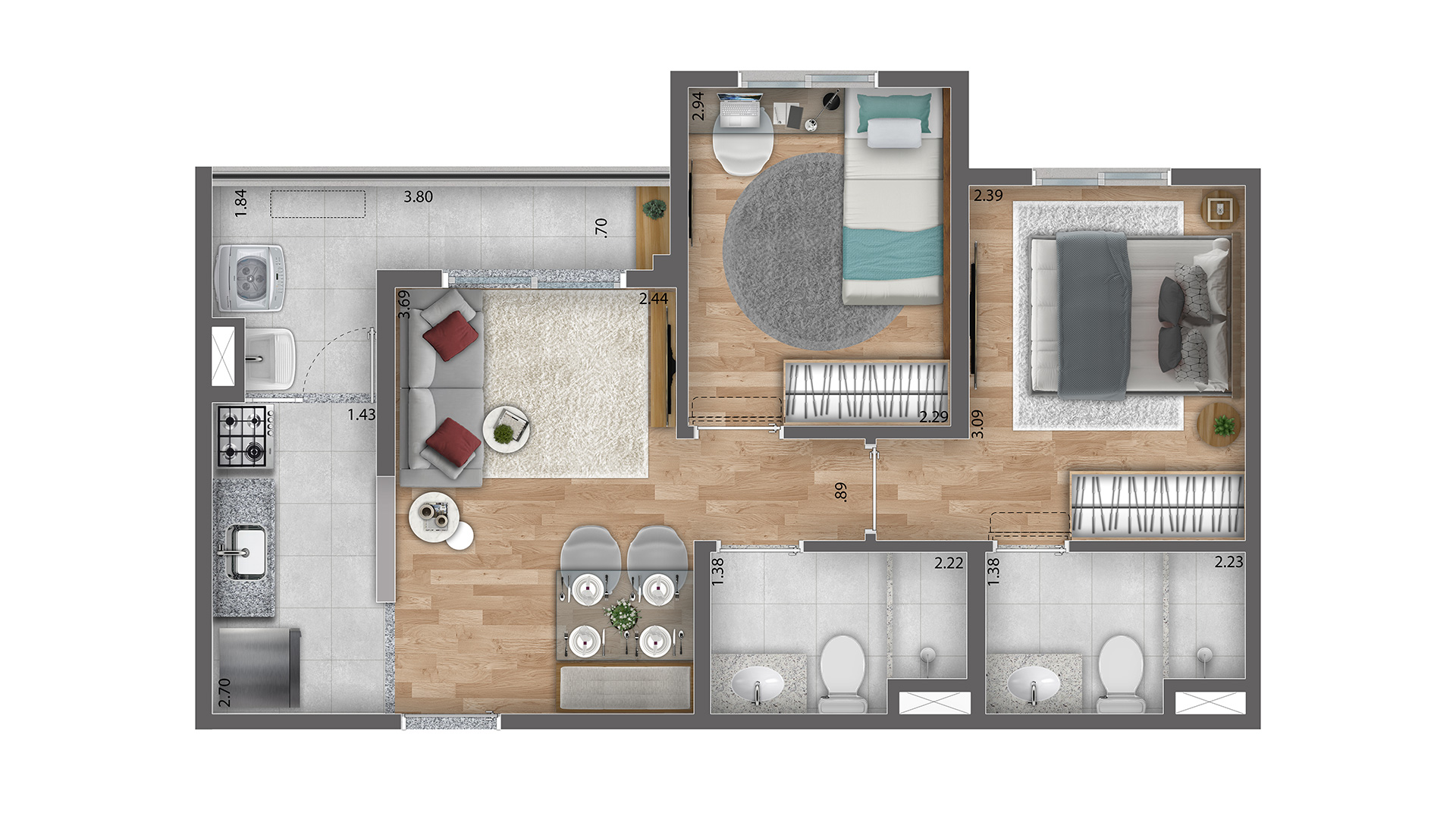 2 dorms. (1 suíte), terraço e 1 vaga